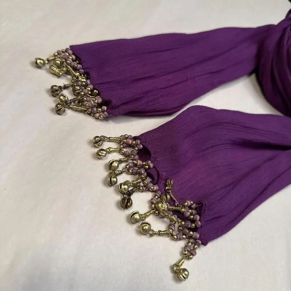 Vintage 90s/Y2K Honey Purple Crinkle Scarf w/‎ Brass Bells